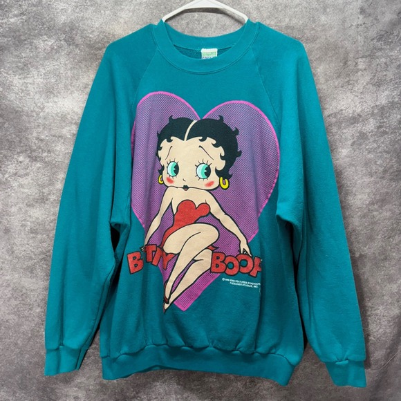 Freeze Tops - Vintage 1993 Betty Boop Freeze Teal Heart Graphic Sweatshirt Double Sided OSFA